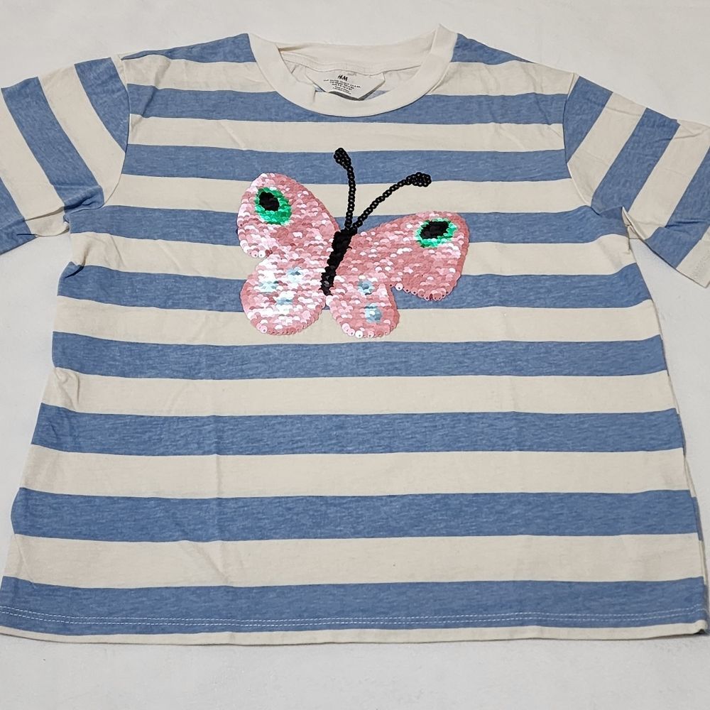 H&M Girls Striped Blue & Pink Butterfly Flip Sequin T-shirt Size 6x/7